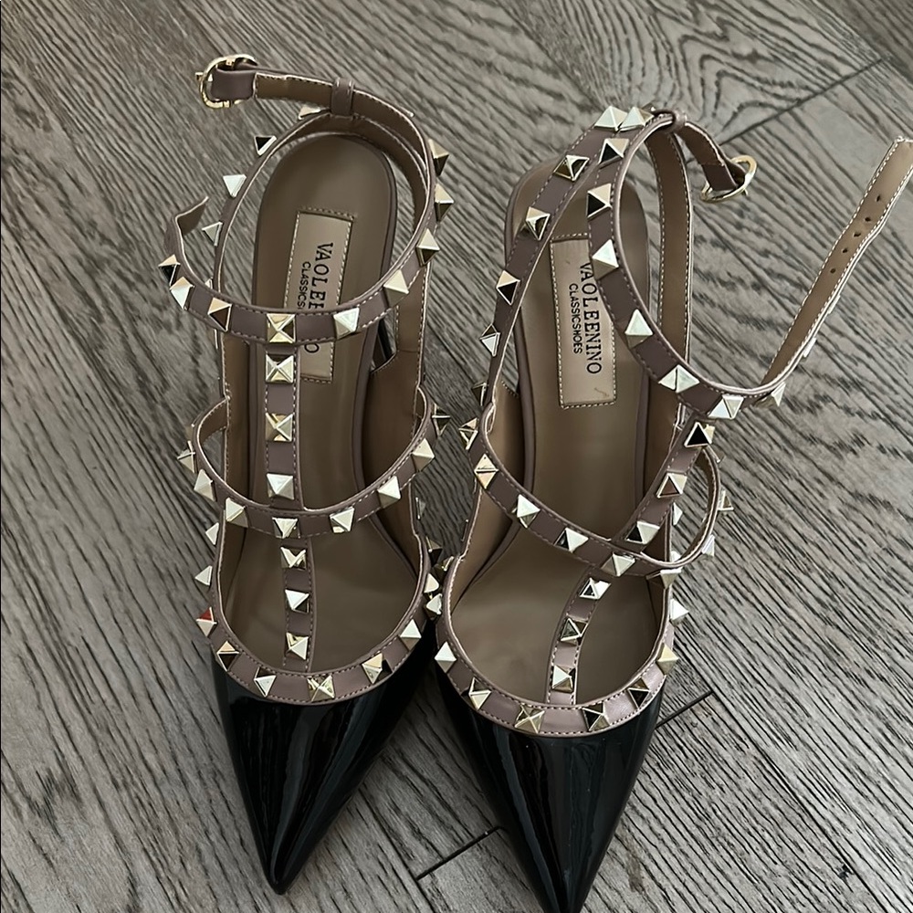 Black and Tan Studded Slingback Heels